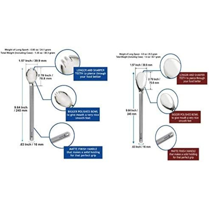 Мм, найдовший титановий кухоль-спорк з довгою ручкою та титановою ложкою, довгий кухоль-спорк та довга чаша-ложка поліровані для приємного відчуття гладкості в роті, постачається з водонепроникним тканинним чохлом., 245