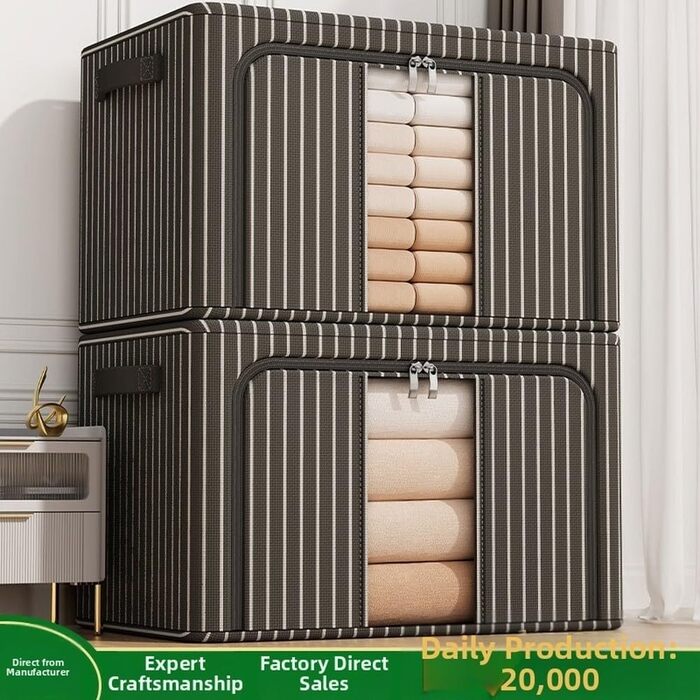 Складаний ящик для зберігання з тканини Оксфорд, велика місткість, 100 л, органайзер для одягу з фронтальним отвором та посиленою сталевою рамою для ковдр та предметів домашнього вжитку, чорний (синій, 100 л, 60 x 42 x 40 см)