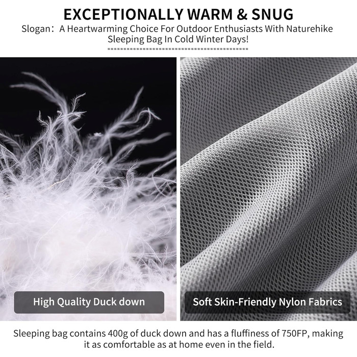 Спальний мішок Naturehike Мумія на 4 сезони, зимовий водовідштовхувальний, невеликий розмір у упаковці, підходить для використання на вулиці, в подорожах, наметах або в приміщенні, сірий, M