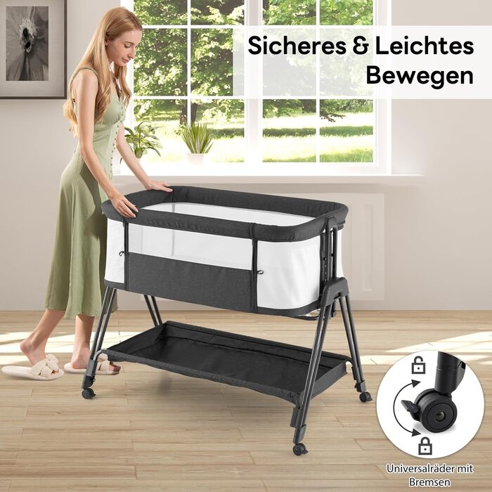 Дитяче ліжечко DREAMADE, 7-рівневе регульоване по висоті дорожнє ліжечко з матрацом та колесами, складне дитяче ліжечко з регульованим кутом нахилу, для дітей 0-6 місяців та вагою до 9 кг (темно-сіре)