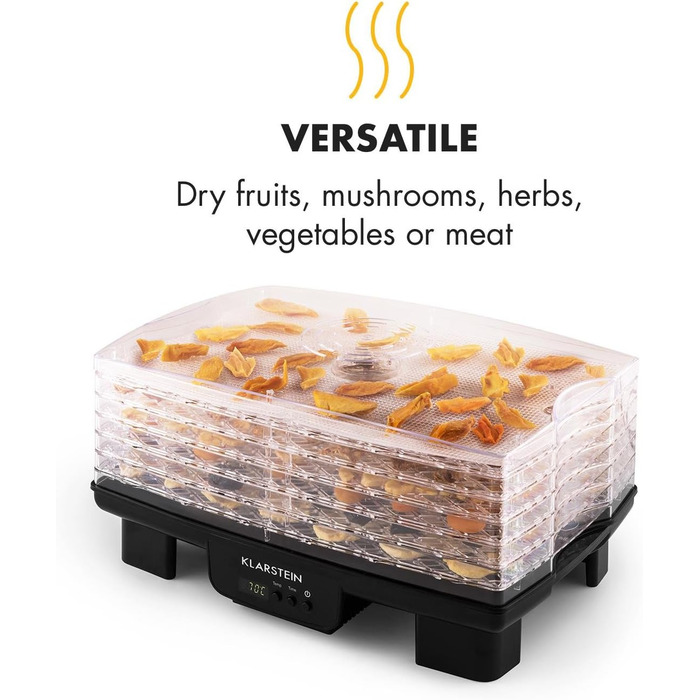 Дегідратор, дегідратор, сушарка для фруктів, м'яса та фруктів, 6 рівнів, штабельована, 550 Вт, регульована температура, робота з конвекцією, РК-дисплей, без бісфенолу А, чорний