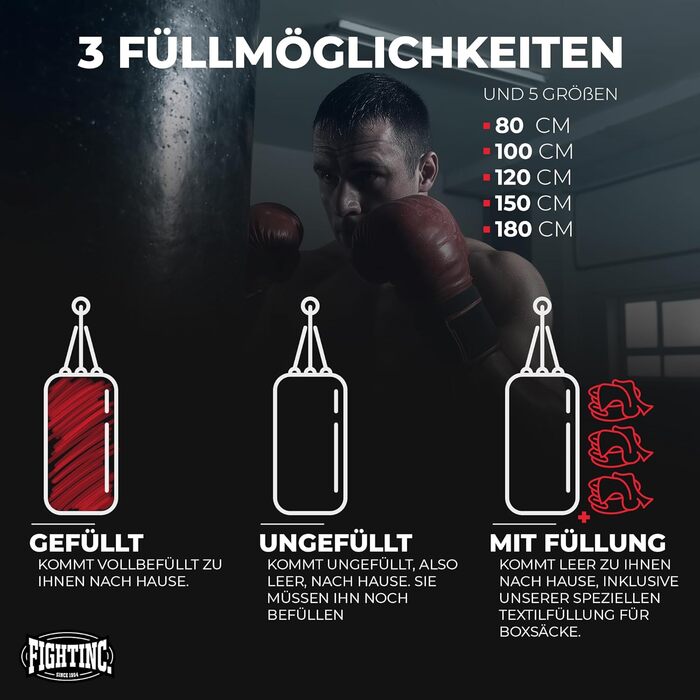 Боксерський мішок Fightinc. Класичний З НАПОВНЕННЯМ/НЕ НАПОВНЕННЯМ/З НАПОВНЕННЯМ 80 100 120 150 180 см до 55 кг ідеально підходить для тренувань з бойових мистецтв для дітей та дорослих 40 50 60 кг 180 см З НАПОВНЕННЯМ