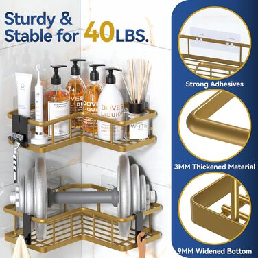 Кутова душова полиця YASONIC, 3 шт. , кутовий органайзер для душу з мильницею та 4 знімними гачками, кутові душові полиці з нержавіючої сталі, без свердління, душова полиця для внутрішнього душу, золото, 3 шт. , золото