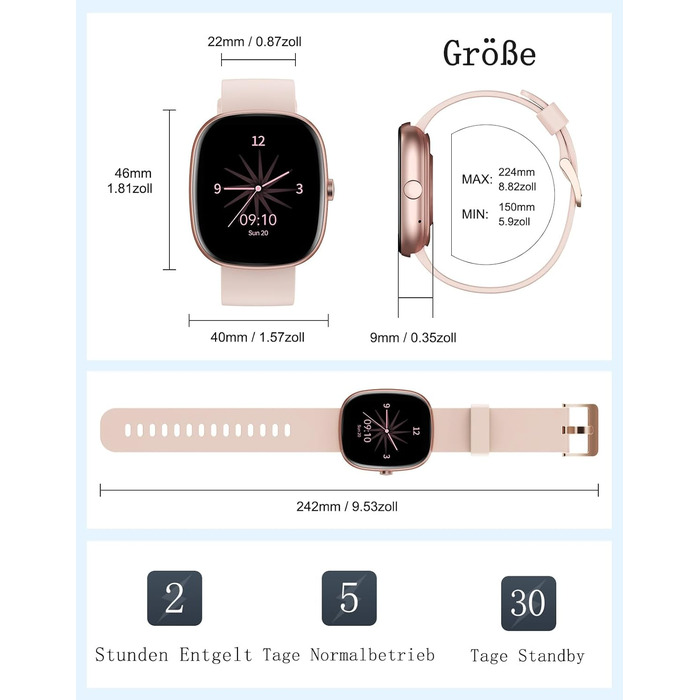 Жіночий смарт-годинник HUAKUA з функцією телефону, фітнес-годинник 1,85 дюйма з монітором серцевого ритму/монітором сну SpO2/100 спортивні режими, крокомір, водонепроникний фітнес-трекер IP68 для телефонів Android та iOS, рожеве золото