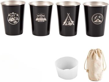 Кемпінгові кружки з нержавіючої сталі 304, набір з 4 предметів, 350 мл, кавові кружки для активного відпочинку на природі з силіконовим чохлом та сумкою для зберігання для походів, подорожей з рюкзаком, пікніків (чорні) (350 мл)