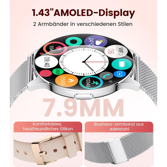 Жіночий смарт-годинник LIGE (2 ремінці), 1,43-дюймовий HD AMOLED-дисплей, смарт-годинник з функцією телефону, фітнес-годинник, спортивний годинник з понад 120 спортивними режимами, відстеження сну, відстеження менструального циклу, годинник для iOS/Androi