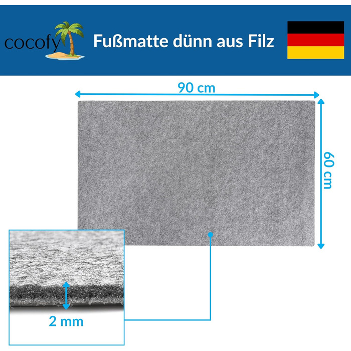 Тонкий надзвичайно плоский килимок для дверей товщиною 2 мм, 60x90 см, тонкий килимок для внутрішніх приміщень, тонкий повстяний килимок з протиковзкою підкладкою, килимок для внутрішніх приміщень, сірий, 90 см x 60 см