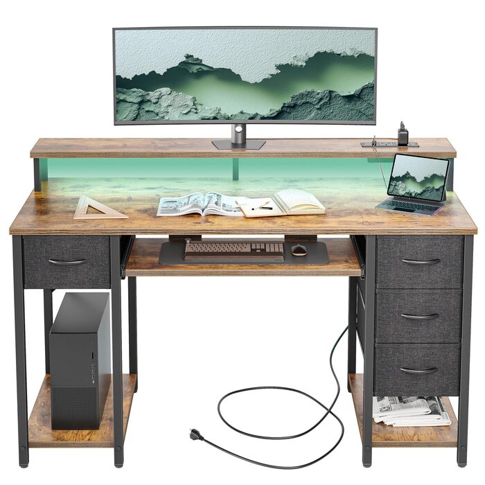 Ігровий стіл BEXEVUE з розетками та світлодіодним освітленням - 120x50 см Сучасний комп&39ютерний стіл з лотком для клавіатури, 4 двосторонні шухляди, велика полиця для зберігання речей для навчання, ігор, роботи, спальні, домашнього офісу 120 x 50 см Кор