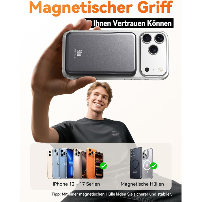 Зовнішній акумулятор MagSafe Power Bank, магнітний зовнішній акумулятор ємністю 10000 мАг без кабелю, швидка зарядка PD 20 Вт, бездротовий магнітний зарядний пристрій з входом/виходом USB-C, світлодіодний індикатор для iPhone 17/16/15/14/13/12/Pro/Pro Max