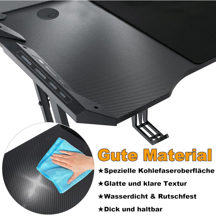 Ігровий стіл 160x60 см зі світлодіодним освітленням, ергономічний комп&39ютерний стіл Z-подібної форми з гачком для навушників, підставкою для склянок та виглядом з вуглецевого волокна, ігровий стіл для ПК, ноутбука та ігор - чорний 160 x 60 см - зі світл