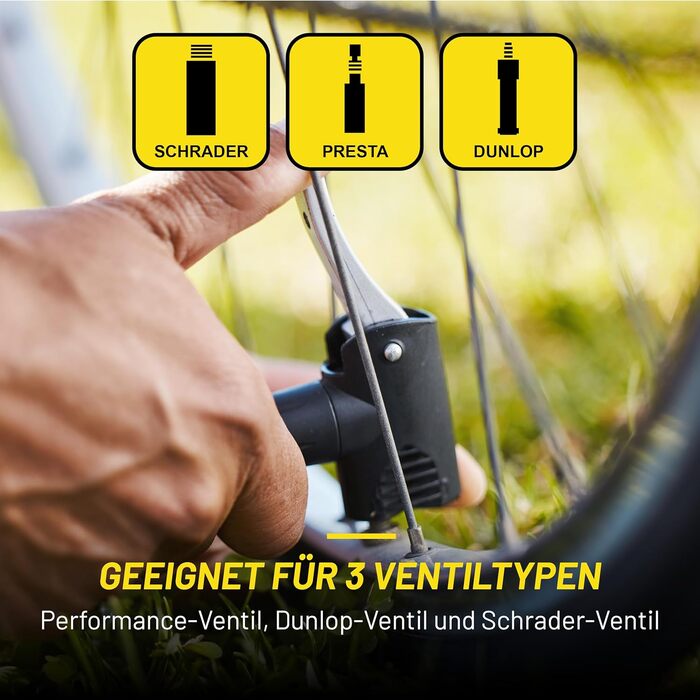 Велосипедний насос Dunlop з подвійним клапаном - велосипедний повітряний насос з 2 адаптерами - для всіх клапанів - клапани Dunlop, Presta та Schrader - 12 бар/180 PSI - ножний насос, манометр, жовтий