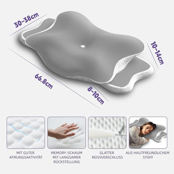 Подушка для шиї MEINZII&39S, ергономічна подушка, ортопедична подушка для сну на боці, спині та животі (сріблясто-сіра)