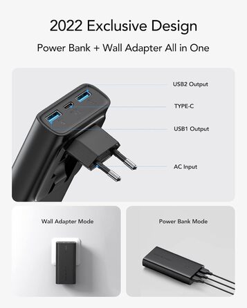 Швидка зарядка, 10000mAh Power Bank Socket AC Зовнішня батарея USB C PD QC3.0 Портативний зарядний пристрій Складаний адаптер живлення Сумісний з iPhone Samsung Huawei Смартфон, 22.5W