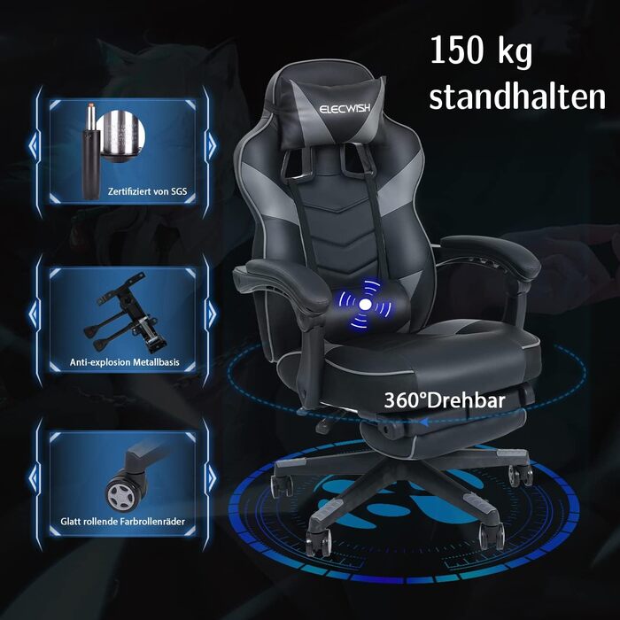 Ігрове крісло Fullwatt, ергономічне офісне крісло для гонок з функцією масажу, підставка для ніг, регульована спинка 90-150, знімний підголівник та поперекова опора, шкіра штучна, сірий та чорний, для дорослих