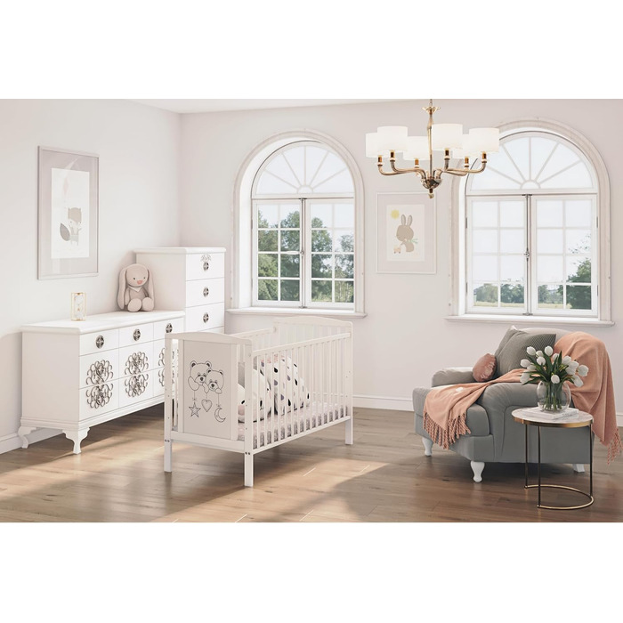 Звичне дерев&39яне дитяче ліжко 60120 см Модель Два ведмеді біле з бар&39єром для перетворення 3-позиційна регульована по висоті рейкова основа знімні бруски без матраца. Дитяче ліжко