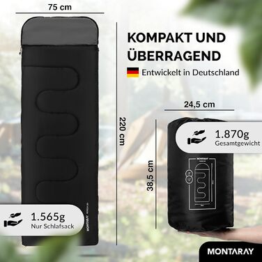 Спальний мішок-ковдра з капюшоном, розрахований на температуру -3C, включаючи подушку - Зимовий та літній спальний мішок для активного відпочинку на 3-4 сезони (75 x 220 см) - Спальний мішок-кабінка для чоловіків та жінок (теплий), чорний, 280 г/м, з капю