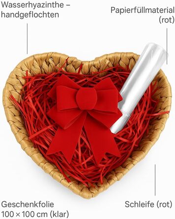 Подарунковий кошик у формі серця з водяного гіацинта натурального кольору з червоним паперовим наповнювачем та подарунковою упаковкою ідеально підходить для Різдва, Дня святого Валентина, весіль або для подарункових кошиків