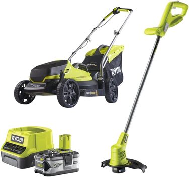 Акумуляторна газонокосарка та тример Ryobi 18 V ONE (1 x 4,0 Ач) Комплект газонокосарки та тримера для трави з акумулятором 4,0 Ач одномісний