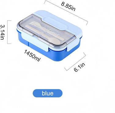 Ланчбокс для дорослих, 1450 мл, стильний контейнер для обіду з ложкою та виделкою, зручний для транспортування, обідній контейнер з 3 відділеннями, без BPA, герметичний, ідеально підходить для їжі (синій)