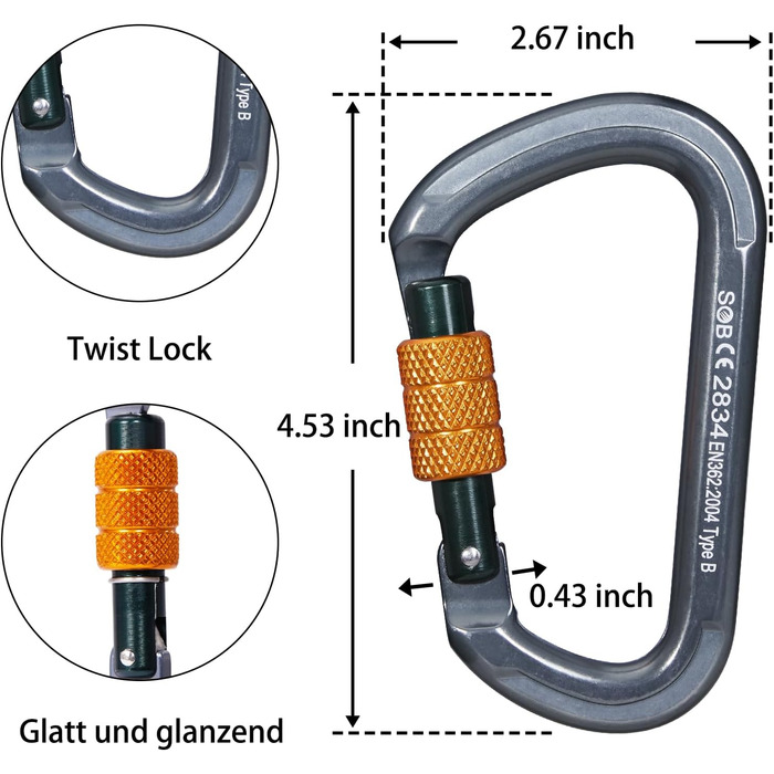 Карабін SOB для альпіністського спорядження, алюмінієвий карабін для гамаків, гойдалок, кемпінгу, риболовлі, спорядження для активного відпочинку 28KN 2PACK 28KN-4PACK