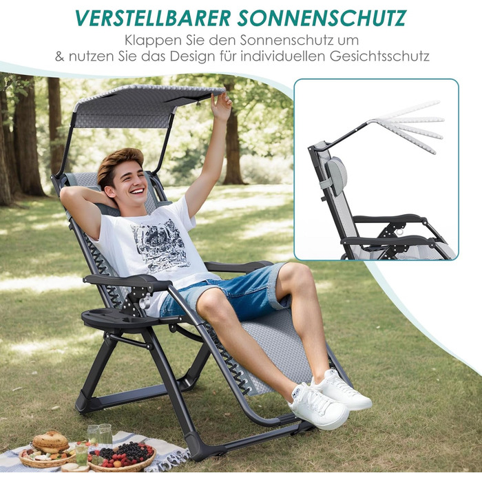 Складаний шезлонг з парасолькою, підголівником та тримачем для напоїв для саду, басейну та пляжу (сірий)