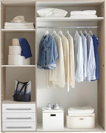 Шафа LYSS, біла з шухлядами - Універсальна 3-дверна шафа для спальні білого кольору, ефект дуба Сан-Ремо - 155 x 194 x 58 см (Ш/В/Г) Ширина 155 см Білий дуб Сан-Ремо