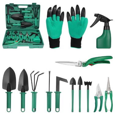 Набір садових інструментів Coolty, 13 предметів, з кейсом для зберігання ідеальний вибір для садівників (Зелений)