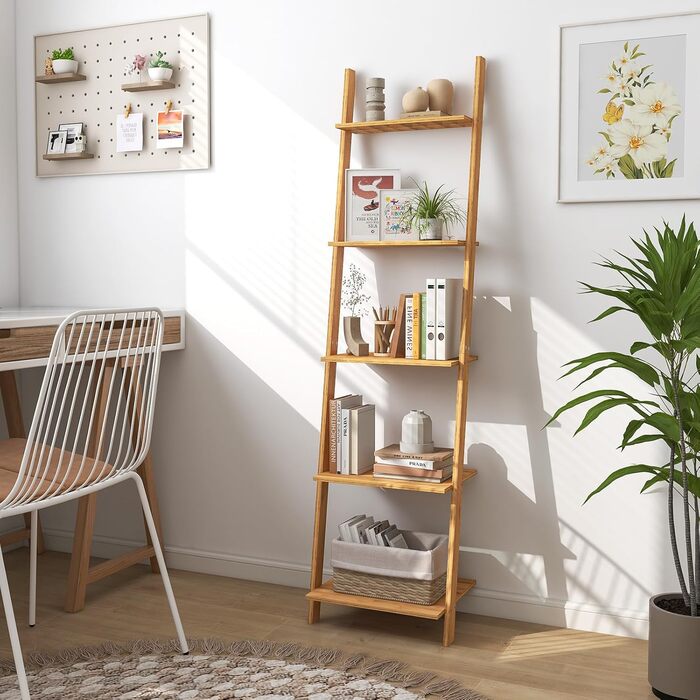 Бамбукова полиця GIANTEX, окремостояча книжкова шафа з 5 ярусами, настінна полиця, полиця для сходів, полиця для рослин для вітальні, ванної кімнати, кухні, 43 x 35 x 165 см, натуральний колір