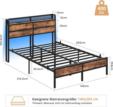 Ліжко IRONCK 140x200 см, Каркас ліжка 140x200 зі світлодіодним освітленням та зарядною станцією (2 розетки, 1 USB та 1 порт Type-C), Металеве ліжко, Двоспальне ліжко, Дитяче ліжко з рейковою основою, Місце для зберігання під ліжком