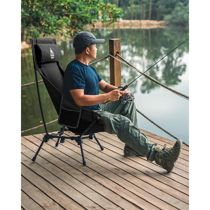 Крісло для кемпінгу OneTigris DRAGONHIDE, висока спинка, складне, вантажопідйомність 125 кг, легке складне кемпінгове крісло, складне рибальське крісло з 2 боковими кишенями, надлегке складне крісло для використання на свіжому повітрі, для походів, чорне