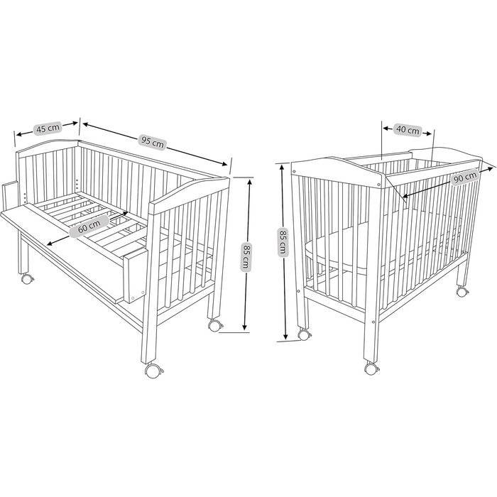 Дитяче ліжечко Waldin з матрацом та тканиною, регульована висота, велика спальна зона 90x55 см, біле лаковане, колір зірки/сіре дерево