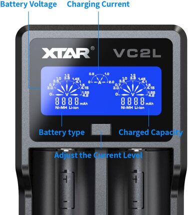 Зарядний пристрій XTAR VC2L USB C Оновлений зарядний пристрій 18650 Швидкий зарядний пристрій 2A 26650 Зарядний пристрій з РК-дисплеєм для батарейок AA AAA CD (VC2L)