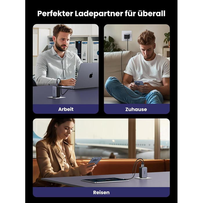 Адаптер живлення з 3 шт. USB-C портом швидкої зарядки Компактний зарядний пристрій, сумісний з MacBook Pro/Air, ноутбуком HP, iPad