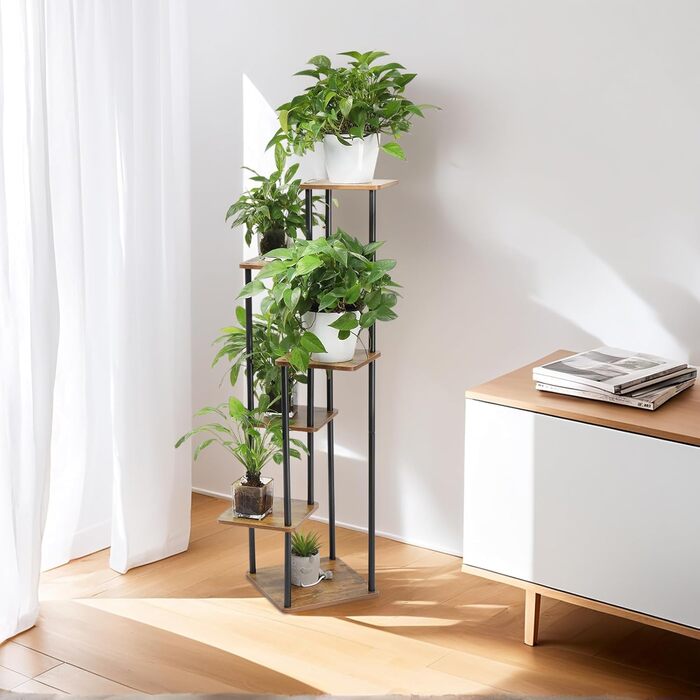 Рівнева підставка для рослин, підставка для квітів, металевий та дерев&39яний квітковий табурет, квіткові драбини, полиця для квітів, підставка для квіткових горщиків, підставка для рослин для балкону, саду, вітальні, чорна (чорна, 6 рівнів) чорна 6 рівні