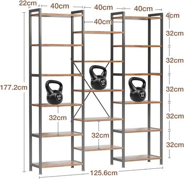 Книжкова полиця Coleshome з 17 полицями, металевий каркас, 6 ярусів, промисловий дизайн, стелаж-перегородка з місцем для зберігання, 22 x 125,6 x 177,2 см, окремостояча полиця для офісу, вітальні, спальні, кухні, коричнева, 6 ярусів