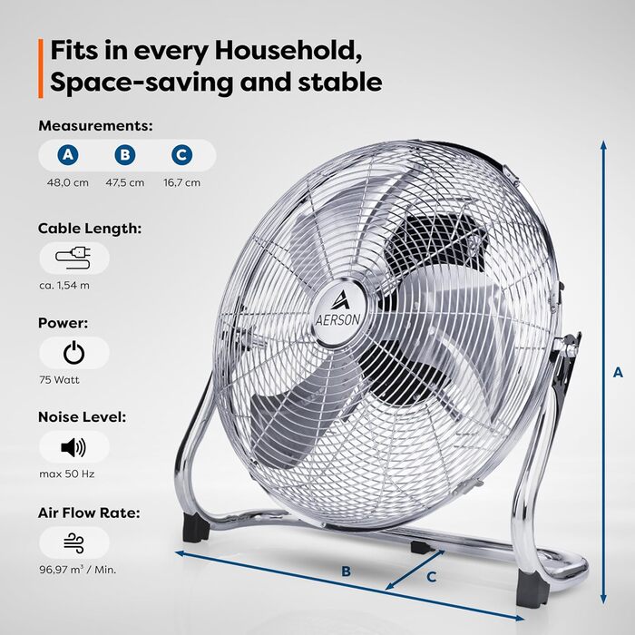 Підлоговий вентилятор TRESKO AERSON 40 см вітряк з 3 рівнями потужності вентилятор на п'єдесталі висока швидкість потоку повітря м