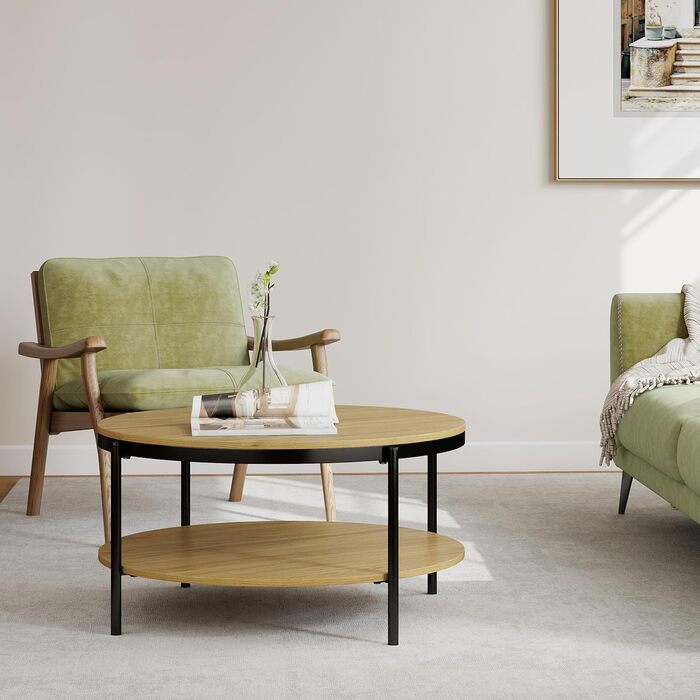 Круглий дерев&39яний журнальний столик Manora, маленький круглий столик для вітальні 80 см, диван-столик з 2 рівнями зберігання, під дуб, металеві ніжки зі сталевим каркасом (світлий дуб), сучасний дуб