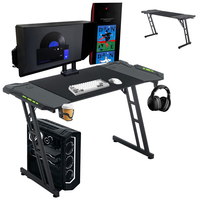 Ігровий стіл AufuN 120 x 60 см, Ігровий стіл зі світлодіодним підсвічуванням, гачком для навушників та тримачем для чашки, Міцний комп&39ютерний робочий стіл, Ігровий стіл для ПК (тип B зі світлодіодним підсвічуванням) 120 x 60 см тип B зі світлодіодним п