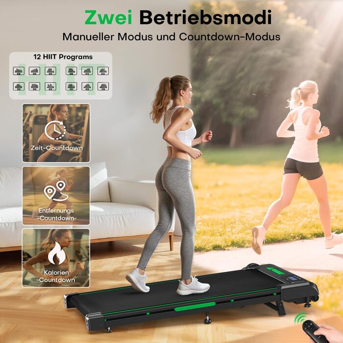 Килимок для ходьби, бігова доріжка 1-10 км/год для домашнього використання з нахилом 9, ходунковий тренажер 2,5 к.с. зі світлодіодним дисплеєм, пульт дистанційного керування, 12 програм, подвійна амортизація, вантажопідйомність до 150 кг, чорно-зелений, 4