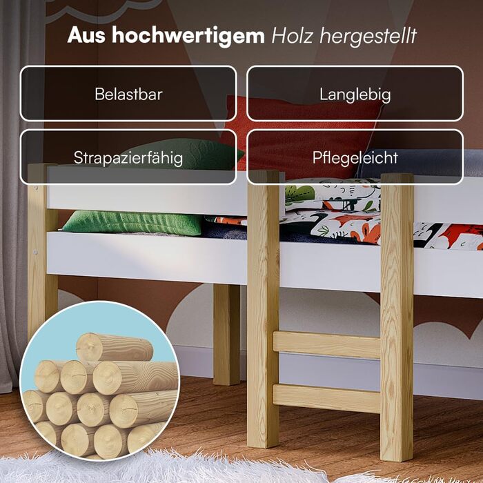 Дитяче ліжко Bellabino Aspy 90x200 см Двоярусне ліжко з поручнями та рейковою основою Ліжко середнього класу з драбиною з масиву сосни білого/натурального кольору Дитяче ліжко для хлопчиків та дівчаток без матраца білого кольору - Без шухляд