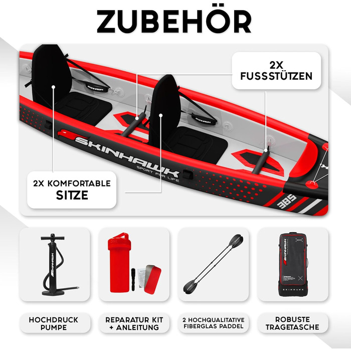 Надувний човен, Каное, Каяк для пригод 385 x 85 см, В комплекті сумка, насос, сидіння, весло зі скловолокна, 385 Red