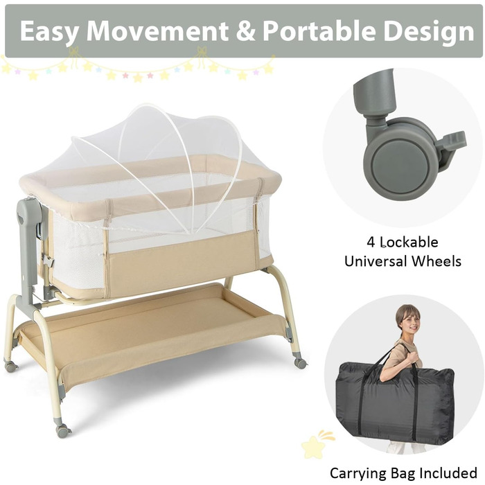 Дитяче ліжко LIFEZEAL з москітною сіткою, дитяче ліжечко-тумбочка з матрацом та колесами, дорожнє ліжечко з 6 регулюваннями висоти, портативна дитяча колиска для малюків 0-6 місяців, колиска з кошиком для зберігання (бежевий)