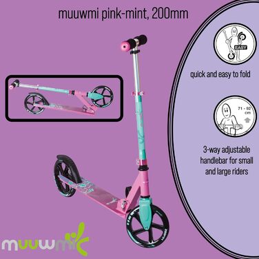 Алюмінієвий самокат muuwmi - самокат-кік, 200 мм, ABEC 5, GS-тест, регульований по висоті, дека XL, рожево-бірюзовий