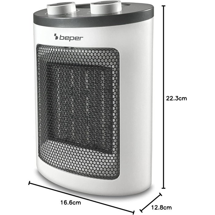 Керамічний вентилятор-обігрівач BEPER RI.080, сучасний дизайн, компактний, економний, регульований термостат, два рівні потужності, захист від перегріву, з ручкою, керамічний, PTC вентилятор-обігрівач, білий/чорний