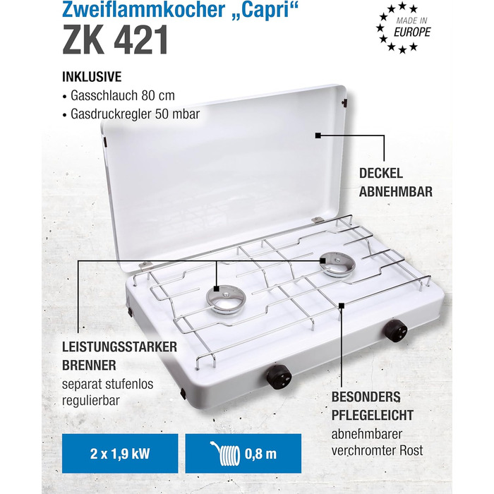 Двоконфорочна газова плита CFH Capri ZK 421 кемпінгова газова плита з регулятором тиску газу 50 мбар та газовим шлангом 80 см, потужність 3,8 кВт, витрата 277 г/год, знімна кришка та хромована решітка, зроблено в Європі