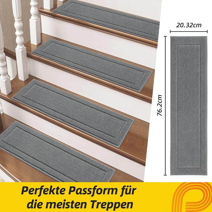 Сходинки для внутрішніх сходів JSEI, нековзні, 15 шт. , 20,3 x 76,2 см, можна прати в пральній машині, самоклейний килимок для сходів для дітей, людей похилого віку та домашніх тварин, основа 100 поліестер TPE, світло-сірий, 20,3 x 76,2 см