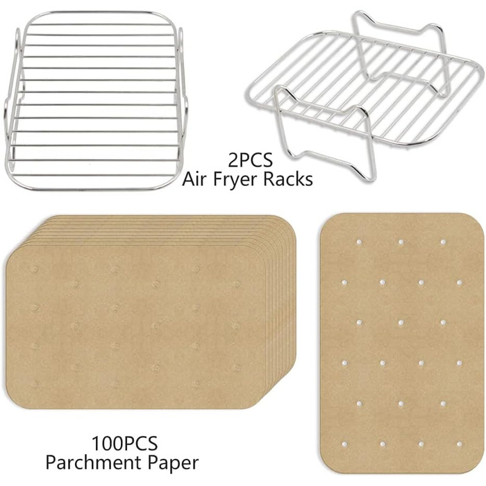Решітка для гриля для фритюрниці з нержавіючої сталі з папером для випічки 100 шт., сумісна з Ninja Foodi AF300EU AF400EU, набір стійок для зневоднення Dual Zone Air Fryer, аркуші 2xGrill решітка 100 шт. папір для випічки, 2 шт., 304