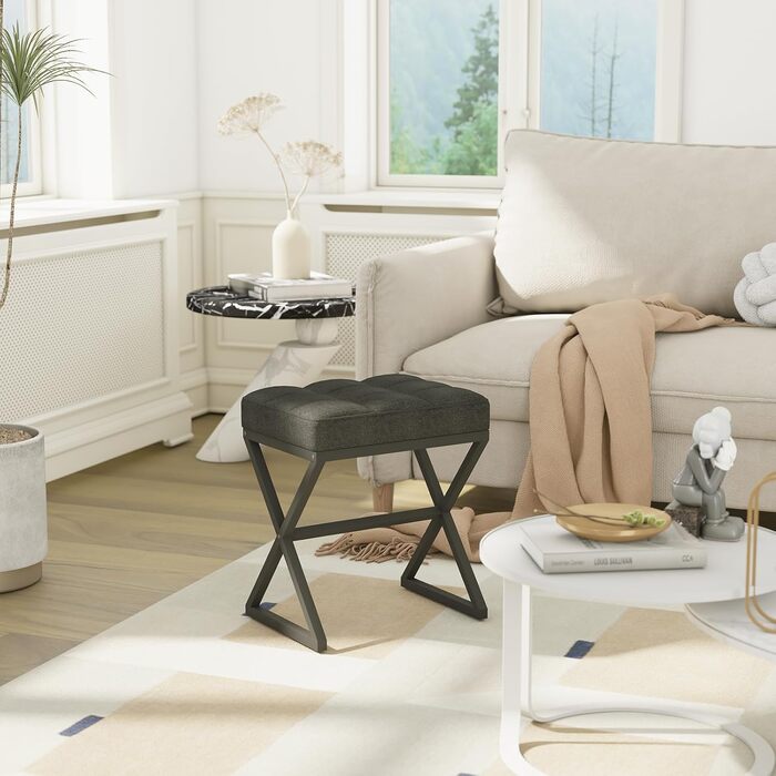 Туалетний стілець YMYNY, пуф для ніг, лляне сидіння, макіяжний стілець з металевими ніжками у формі X, для туалетного столика, вітальні, спальні, передпокою, коридору 403046 см чорний HBD033B