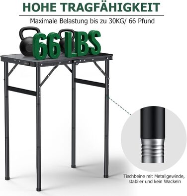 Стіл для кемпінгу JiGiU 60x40 см, складний, з 3 регулюваннями висоти 27 см/51 см/74 см, алюмінієвий каркас, компактний гриль-стіл для саду, кухні, пікніка, використання в приміщенні та на вулиці, стіл-валіза (чорний)