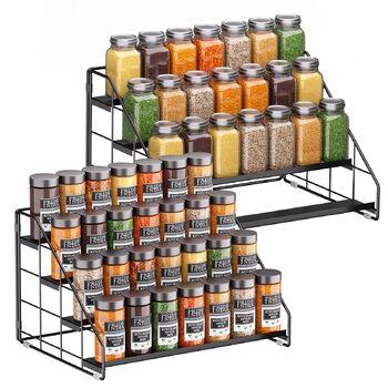 Рівнева підставка для спецій, не потребує свердління, регульована підставка для спецій, сходи для спецій, шафа для спецій, зберігання спецій для кухні, стільниці, комори (чорна, 2 шт.) XXL, 4-